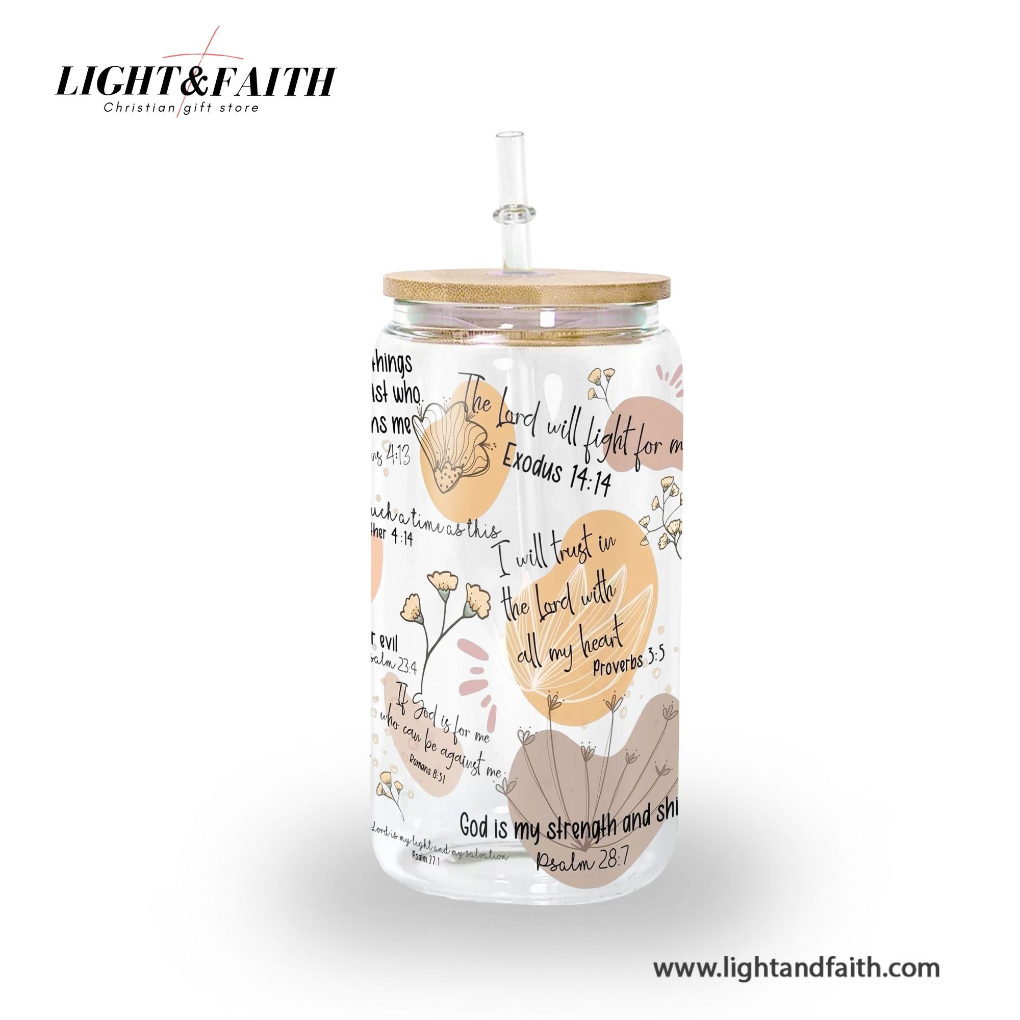 Christian Clear Glass Can with Bamboo Lid and Straw, Bible Verse Floral Cup, Scripture Iced Coffee Tumbler, Faith Gift for Women GCLAF33